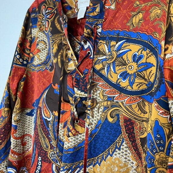 Chicos Silky Long Sleeve Printed Tunic Lace Up Asymmetrical Top Womens 2 Large - Picture 3 of 10